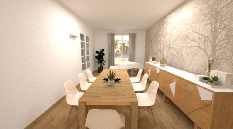 Une salle à manger lumineuse et moderne avec des meubles en bois naturel et une décoration minimaliste.