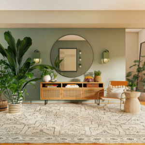 Un salon élégant doté d'une crédence en bois, d'un grand miroir rond, de plantes décoratives et d'un tapis à motifs avec un éclairage doux et des tons neutres.