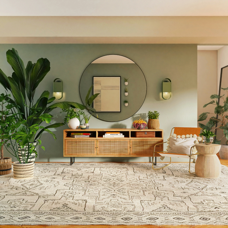 Un salon élégant doté d'une crédence en bois, d'un grand miroir rond, de plantes décoratives et d'un tapis à motifs avec un éclairage doux et des tons neutres.