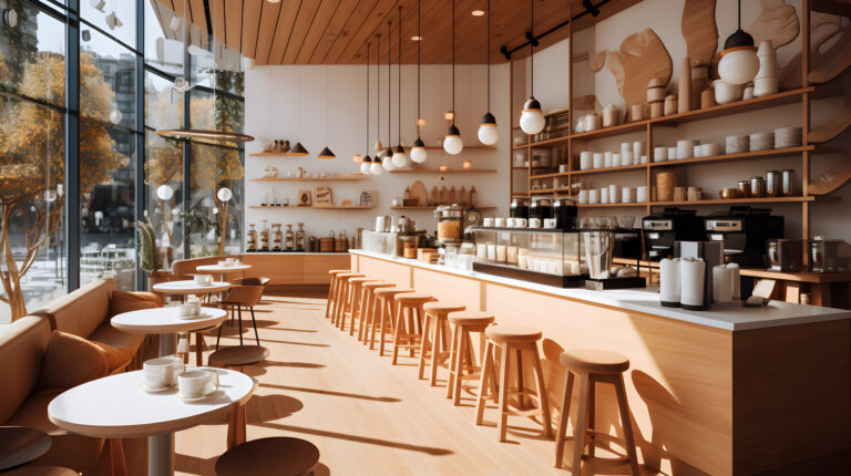 Café moderne avec des intérieurs en bois, des tables rondes blanches, des tabourets en bois, un comptoir avec une machine à café et des suspensions, le tout contre de grandes fenêtres offrant une vue sur les arbres à l'extérieur.