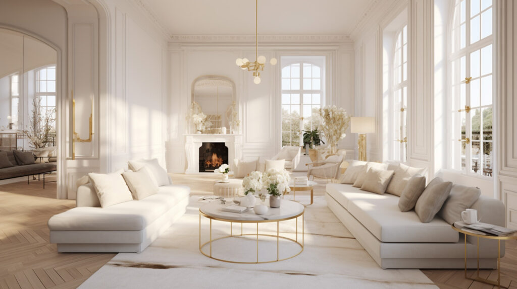 Un salon spacieux et élégant avec des canapés blancs, une table basse, une cheminée, de grandes fenêtres et un lustre. Le décor est majoritairement blanc avec des accents dorés et la lumière naturelle remplit l'espace.