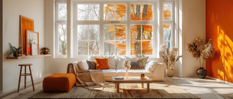 Un salon moderne avec une grande fenêtre, un canapé blanc, un pouf orange et un feuillage d'automne visible à l'extérieur incarne les 5 Meilleures Tendances de Rénovation d'Intérieur pour l'Automne 2024. L'espace est décoré de tons neutres et d'accents sur le thème de l'automne pour une atmosphère chaleureuse mais contemporaine.