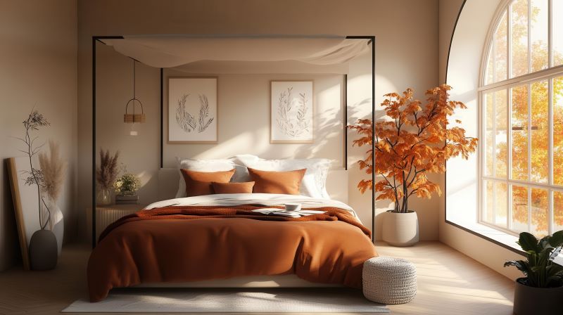 Une chambre avec un lit à baldaquin avec literie couleur rouille, inspiré des 5 Meilleures Tendances de Rénovation d'Intérieur pour l'Automne 2024. Deux imprimés botaniques sont suspendus au-dessus du lit. Une grande fenêtre en arc laisse entrer la lumière naturelle, avec un arbre en pot à côté d'elle affichant des feuilles automnales.