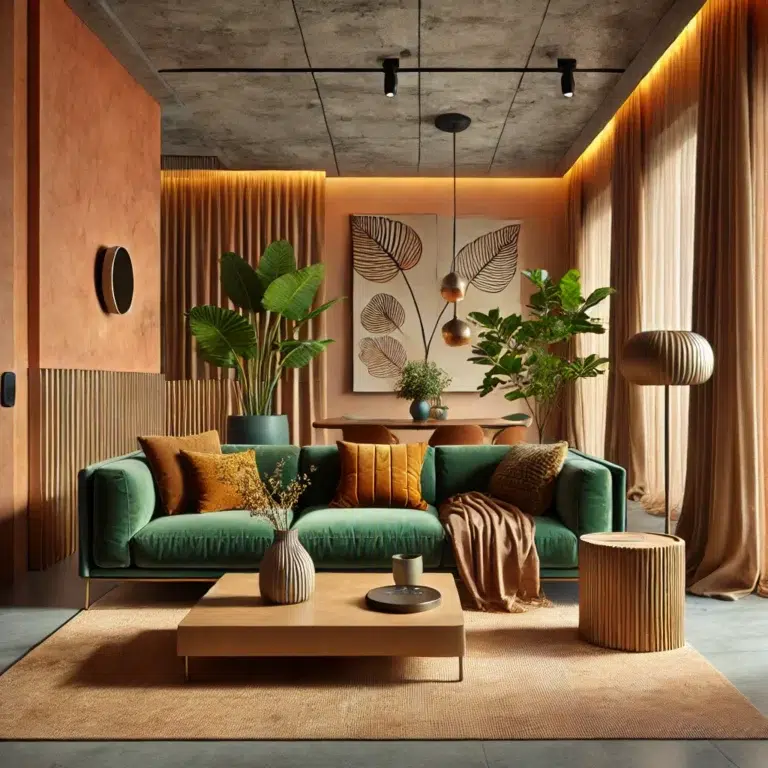 Intérieur de salon moderne et élégant conçu pour les tendances de rénovation automne 2024, avec un mur d'accent terracotta, un canapé en velours vert, des coussins moutarde, une table basse en bois brut, et des éléments de design biophilique comme des plantes en pot et des rideaux à motifs de feuilles.