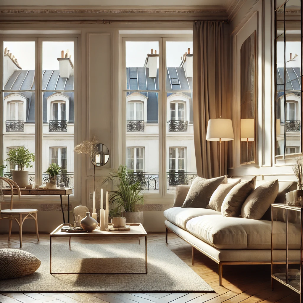 Appartement parisien aménagé pour une vente, avec une décoration chic et moderne, des tons neutres, et une vue sur les toits de Paris.