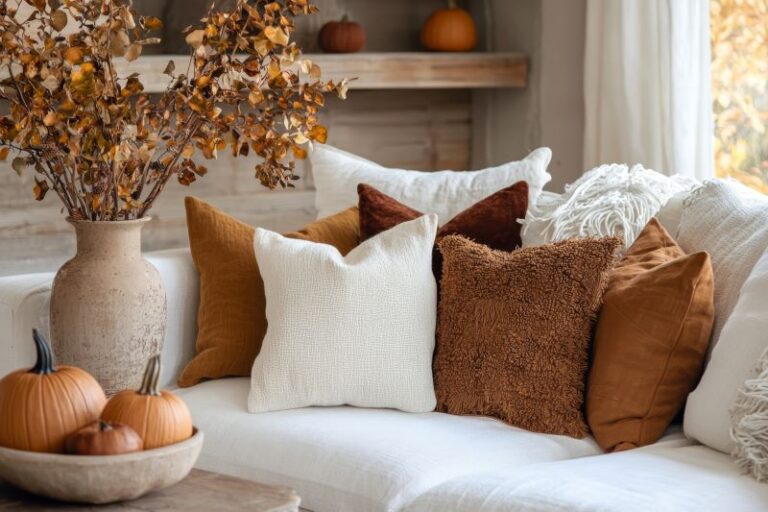 Un salon cosy avec un canapé blanc orné de coussins assortis marron et blanc. Un vase avec des fleurs séchées et plusieurs citrouilles décorent une table basse en bois.