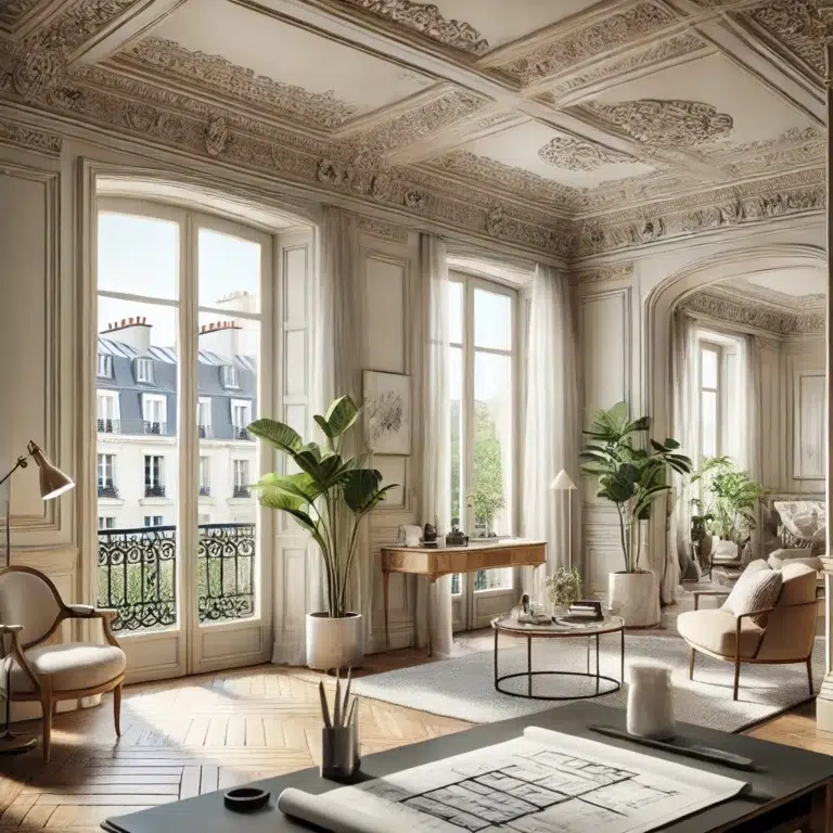 Scène de rénovation intérieure parisienne avec un salon élégant et lumineux, mêlant éléments haussmanniens et mobilier contemporain, avec un bureau et des plans d’architecture symbolisant le projet de transformation.