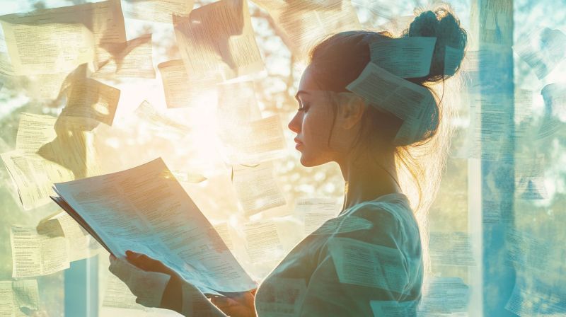 Une femme lisant un document au milieu de pages flottantes, avec la lumière du soleil traversant une fenêtre, imagine comment réussir son projet de rénovation intérieure.