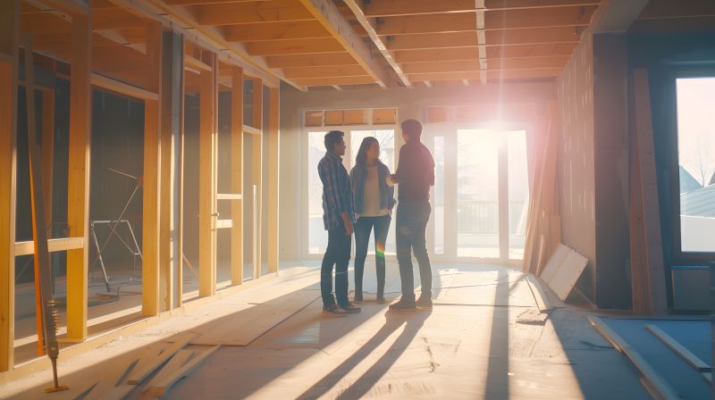 Trois personnes se tiennent dans une pièce ensoleillée en construction, entourée de cadres en bois apparents et de matériaux de construction éparpillés, désireuses de réussir leur projet de rénovation intérieure.