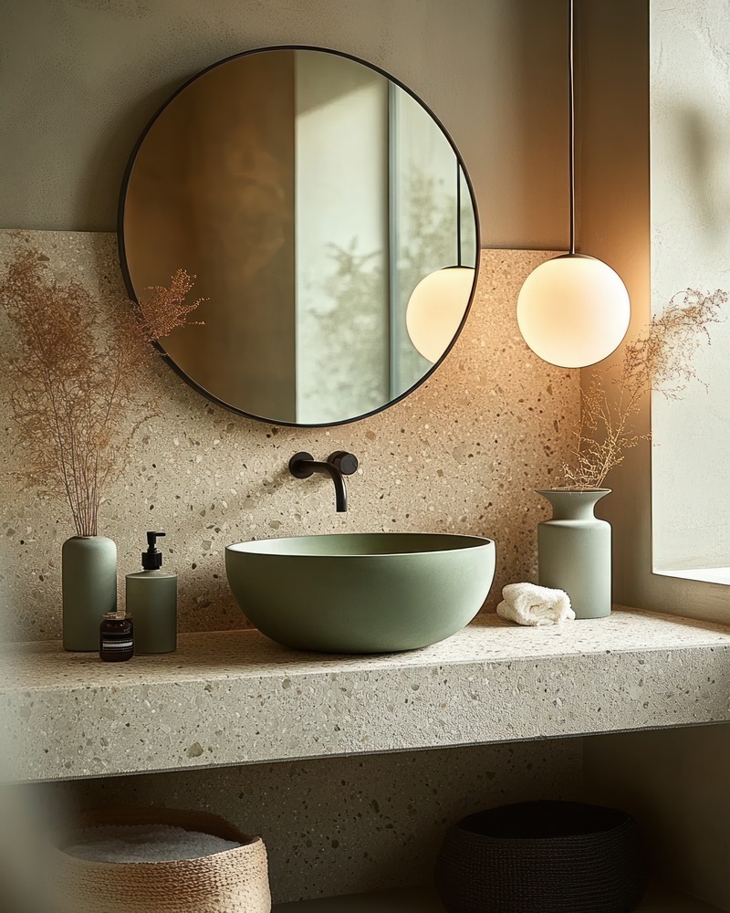 Salle de bain moderne avec Le Terrazzo revisité en 2025, avec miroir rond, robinetterie murale, vasque verte et suspension globe. Des plantes séchées et des produits de toilette décorent le comptoir en béton tandis qu'une douce lumière naturelle entre, créant une ambiance élégante.