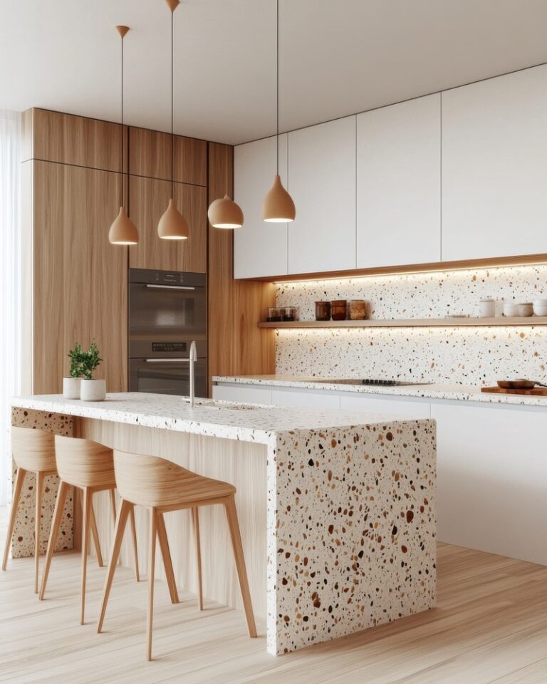 Cuisine moderne avec îlot en terrazzo, armoires en bois et luminaires suspendus. En 2025, Focus Matériaux revisite les styles classiques du terrazzo. Trois tabourets en bois bordent l'îlot dans cet espace aux tons neutres et au design simple et épuré.