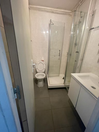 Petite salle de bain avec douche, WC et lavabo. Les murs et le sol sont carrelés et une porte vitrée ferme l'espace douche.
