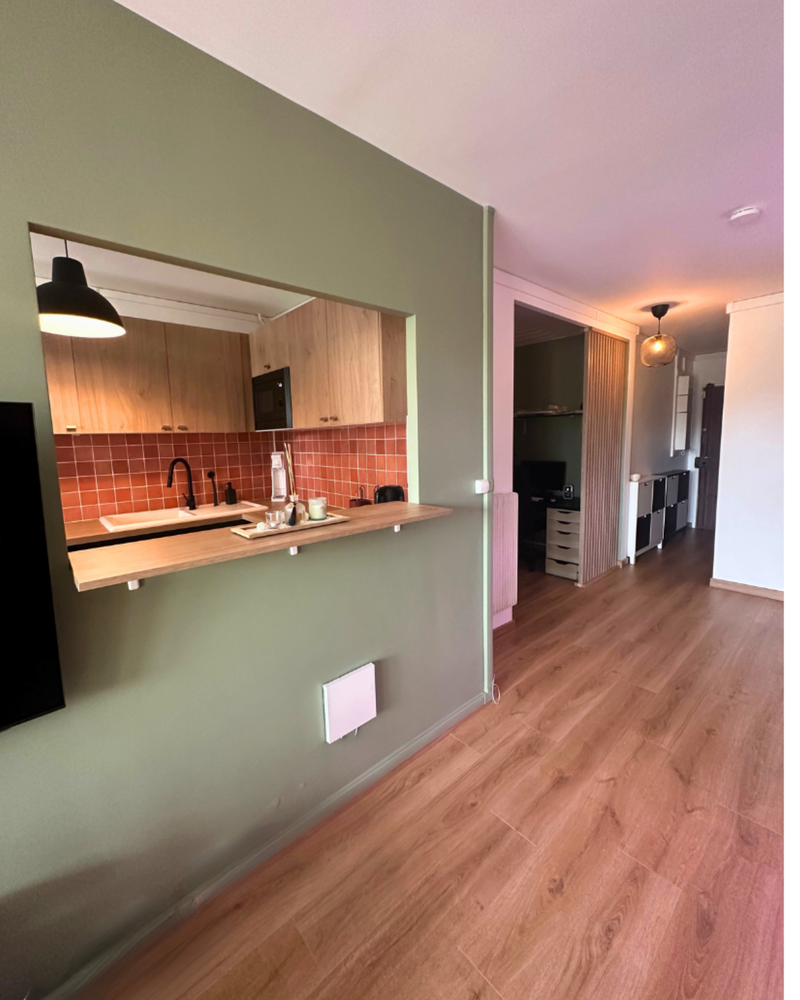 Petit appartement avec une télévision murale, un canapé, une table, des chaises et deux aquariums. Décoration minimaliste aux couleurs neutres.