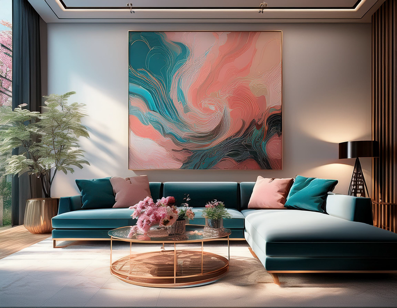 Le salon moderne, reflétant les tendances en matière d’architecture d’intérieur de luxe 2025, dispose d’un canapé sectionnel bleu sarcelle orné de coussins roses et bleu sarcelle. Des œuvres d’art abstraites ornent les murs au-dessus d’une table basse ronde en verre ornée de fleurs. La lumière du soleil pénètre à travers une grande fenêtre, mettant en valeur l’élégant lampadaire.