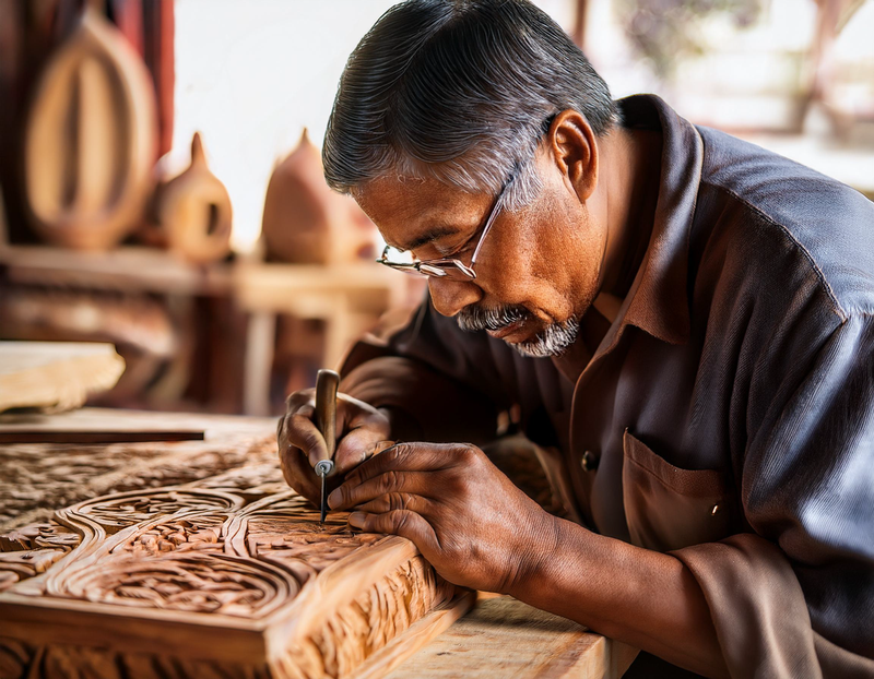 Un homme sculptant soigneusement des motifs complexes sur une surface en bois, entouré de divers outils de menuiserie, présente des compétences qui reflètent les tendances en matière d’architecture d’intérieur de luxe 2025.