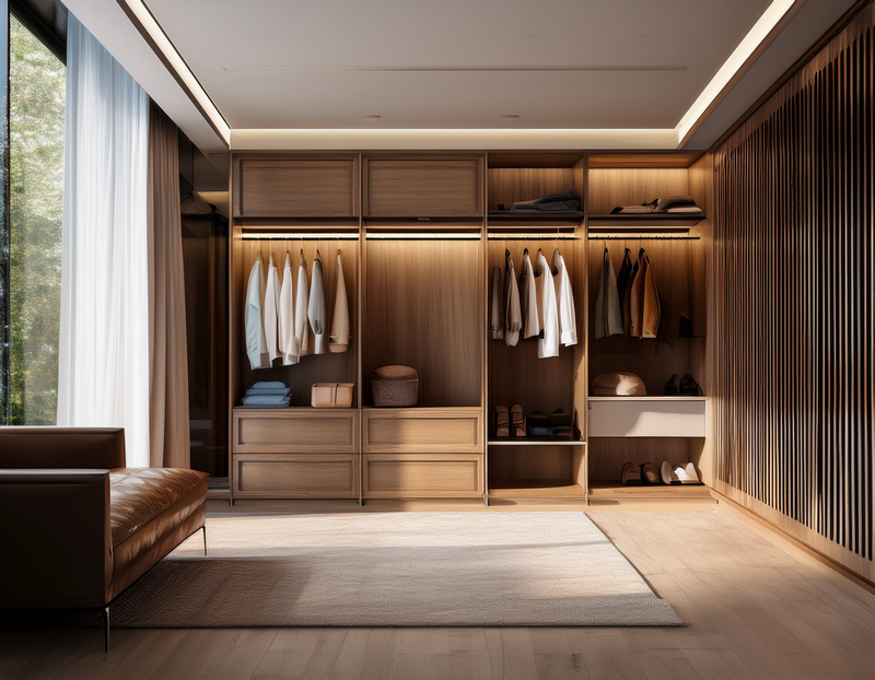 Dressing spacieux et moderne avec étagères en bois, vêtements, chaussures et une grande fenêtre. Suivant les tendances en architecture d’intérieur de luxe 2025, il dispose d’un canapé en cuir marron et d’un tapis beige sur un parquet en bois clair.