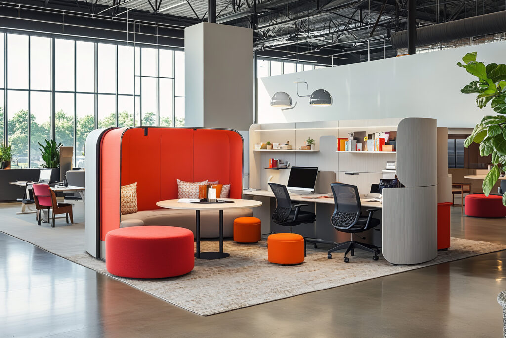Avec une touche de rénovation d'espace ouvert, cette salle de conférence moderne dispose de deux longues tables en bois, de chaises blanches et d'un grand écran diffusant des graphiques. Des plantes en pot apportent une touche de verdure, tandis qu'une table ronde centrale trône gracieusement sur un tapis gris.