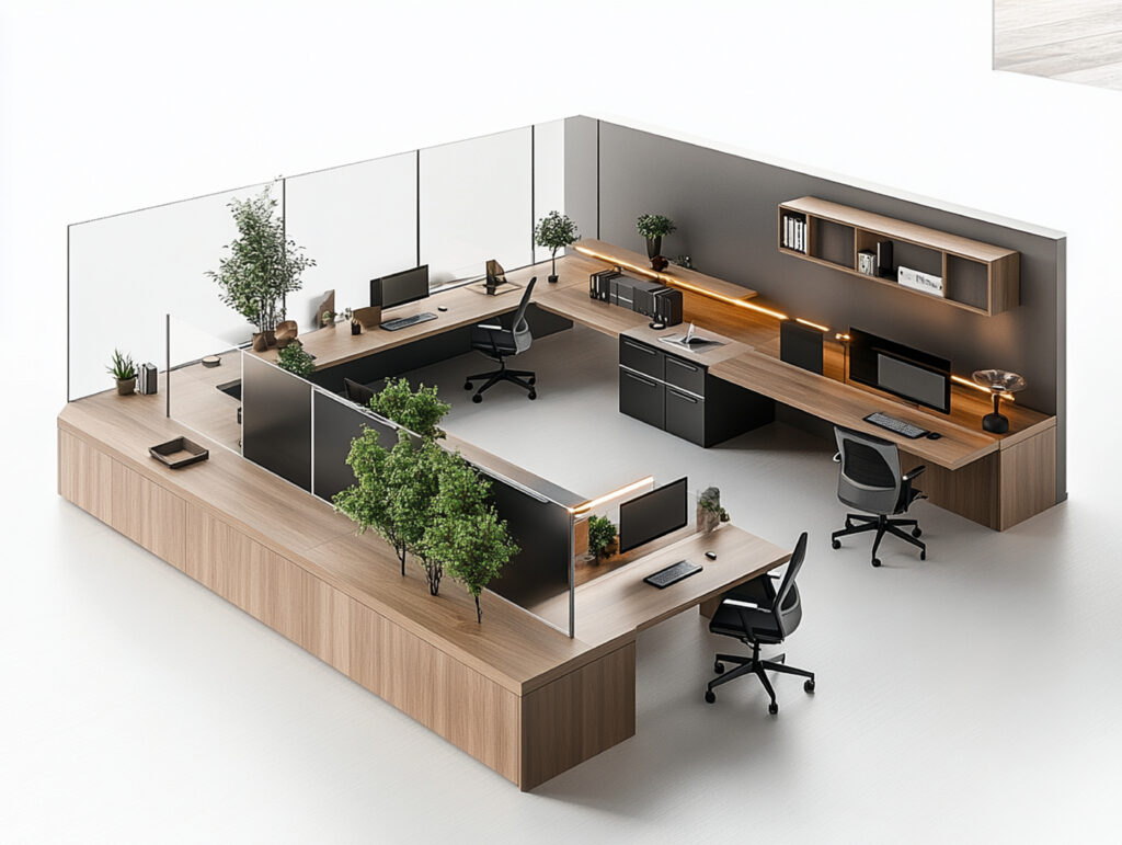 Cet espace ouvert récemment rénové présente un design moderne avec des meubles rouges et gris, des postes de travail, des sièges ronds avec une table, des plafonniers et une grande fenêtre pour beaucoup de lumière naturelle.