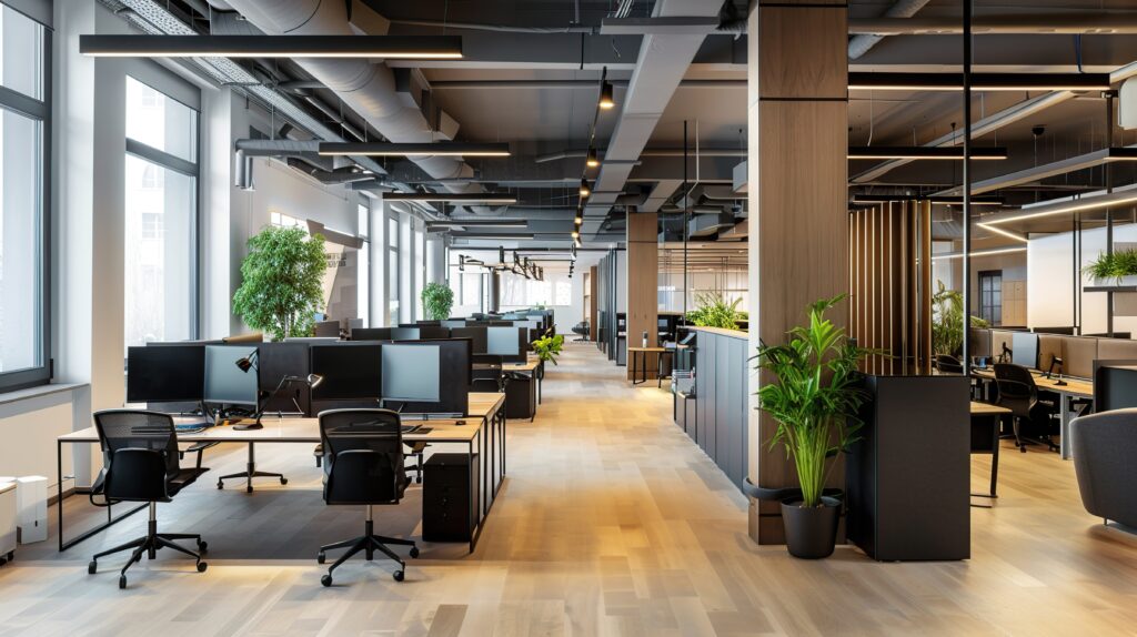 Espace de bureau moderne avec postes de travail ouverts, chacun équipé d'un bureau et d'une chaise. Cet espace ouvert récemment rénové permet aux employés de travailler sur ordinateur, baignés de lumière naturelle et agrémentés de plantes d'intérieur.