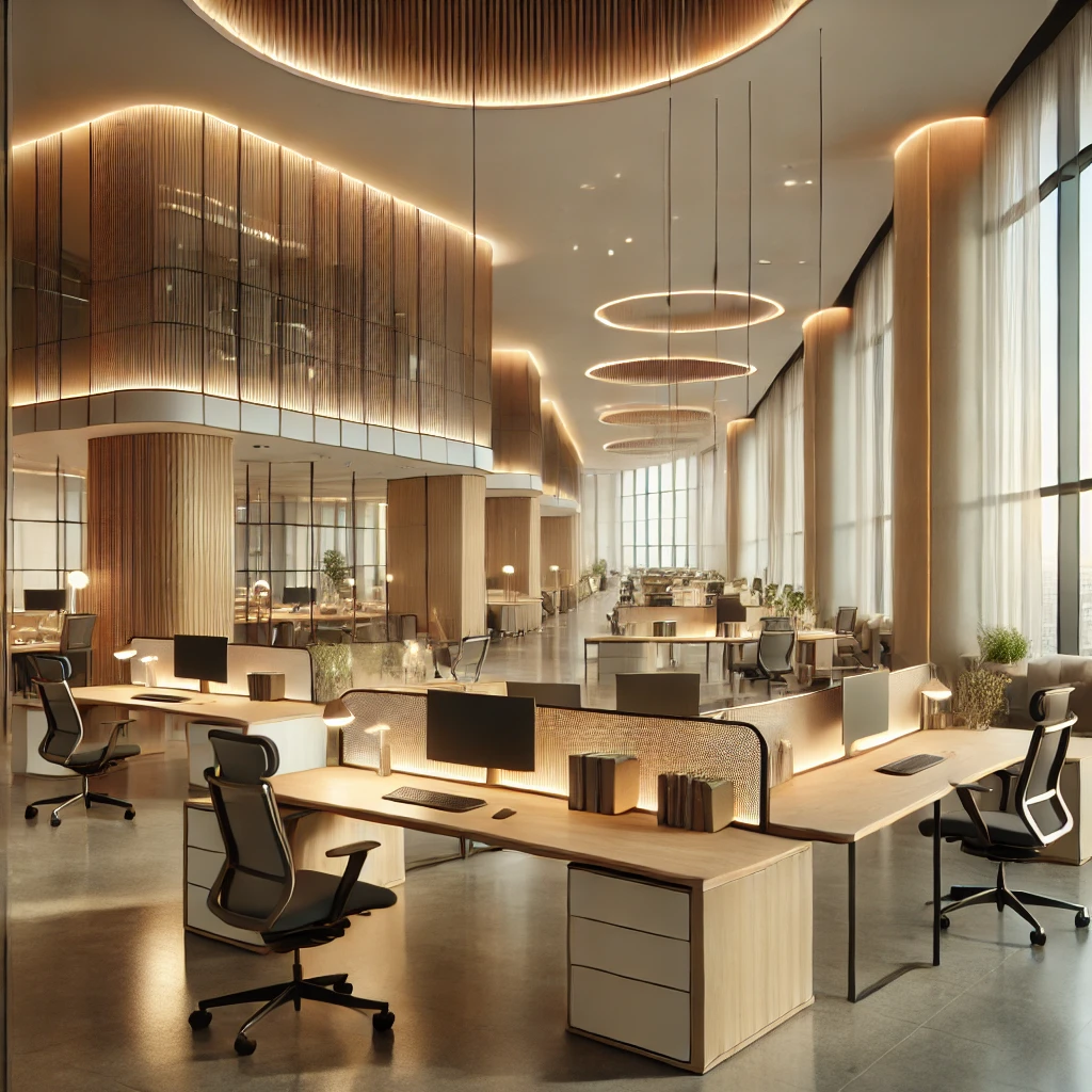 Open space moderne et haut de gamme avec bureaux ergonomiques, cloisons en verre et bois, éclairage doux et panneaux acoustiques pour un confort optimal.