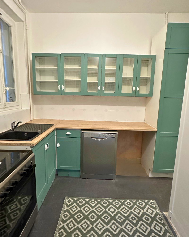 Petite cuisine avec placards verts, plans de travail en bois, lave-vaisselle, four, évier en inox et tapis à motifs sur un sol sombre. Les placards supérieurs sont dotés de portes vitrées.