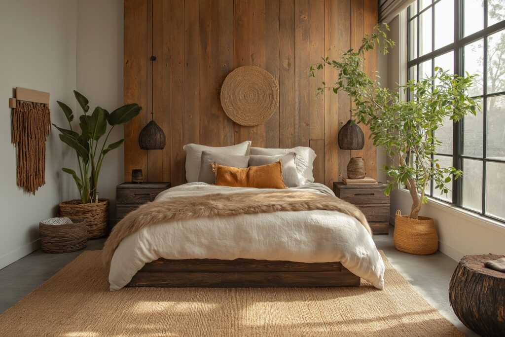 Une chambre confortable avec un mur d'accent en bois, un lit avec une literie neutre, des plantes, un décor tissé et de grandes fenêtres laissant entrer la lumière naturelle.