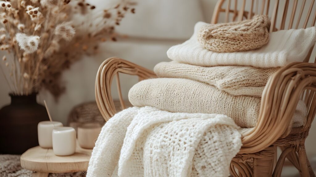 Une chaise en osier supporte des pulls et des couvertures en tricot de couleur crème soigneusement pliés. Deux bougies et un vase de fleurs séchées sont posés sur une table en bois à proximité.