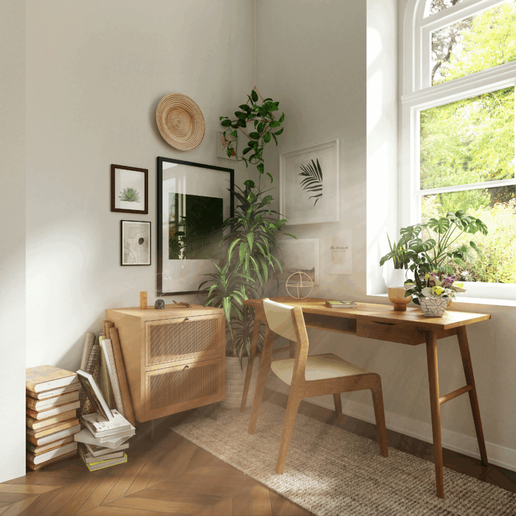 Une pièce avec un bureau et une fenêtre, parfaite pour le télétravail.